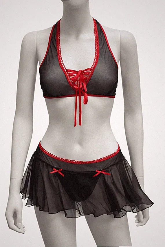 Damen schwarz & rot transparent Neckholder Dessous Set mit Rock G-String