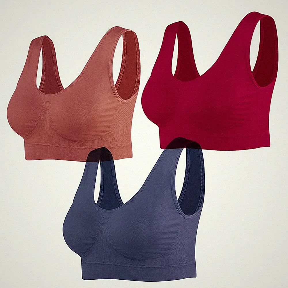 Damen Seamless Sport BH mit Merfarben WohlfühlBH, 1*braun,1*blau,1*rot, 2XL