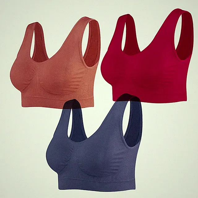 Damen Seamless Sport BH mit Merfarben WohlfühlBH, 1*braun,1*blau,1*rot, XL