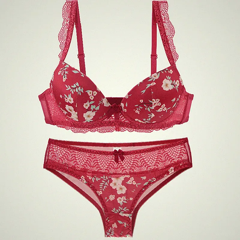 Damen Sexy Blumenspitze gepolsterter Push-Up-Plunge-BH-Set Dessous Unterwäsche