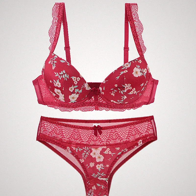 Damen Sexy Push-Up-Plunge-BH-Set Blumen spitze gepolsterter Dessous Unterwäsche