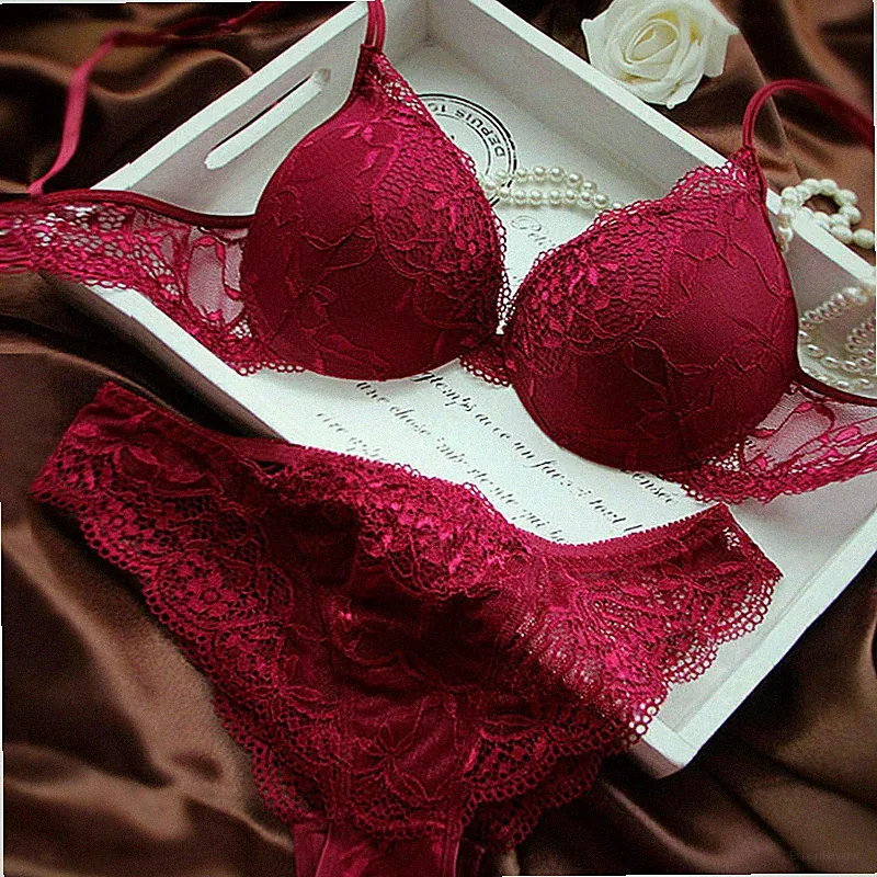Damen Sexy Spitze gepolsterter Plunge Super Push-up-BH-Sets Höschen 70758085 ABC
