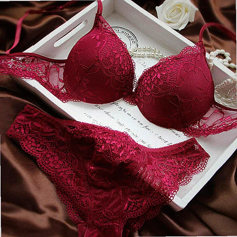 Damen Sexy Spitze Super Push-up-BH-Sets gepolsterter Plunge Höschen 70758085 ABC