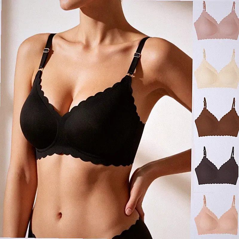 Damen Soft BH Komfort Tief V Kabellos Push Up BH Vollflächig Nahtlos BH