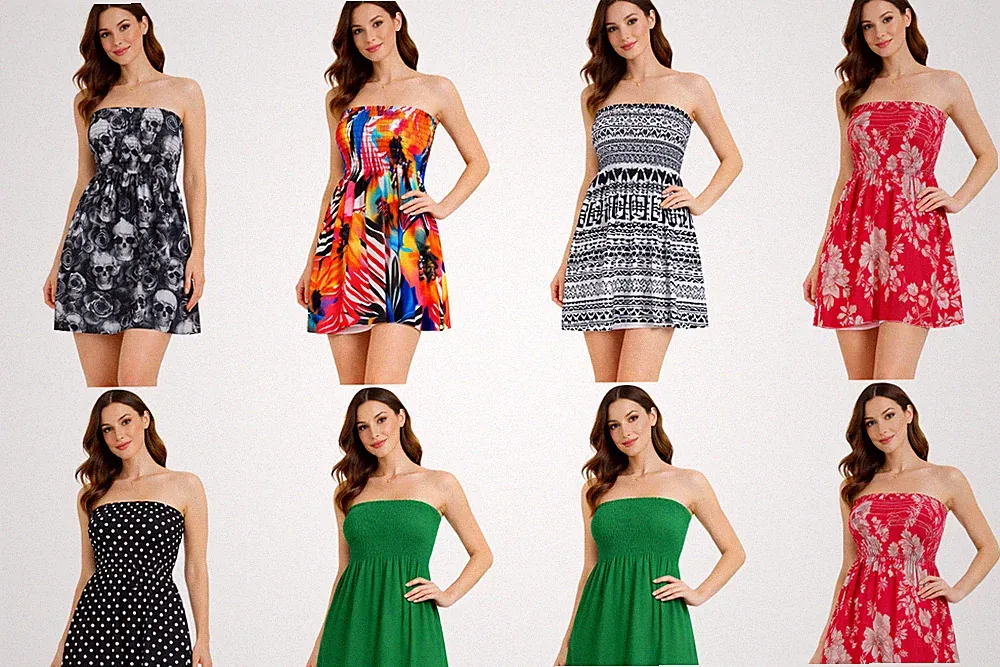 Damen Sommer Boho Boobtube Bandeau kurz trägerlos bedruckt Top Kleid Plus Größe