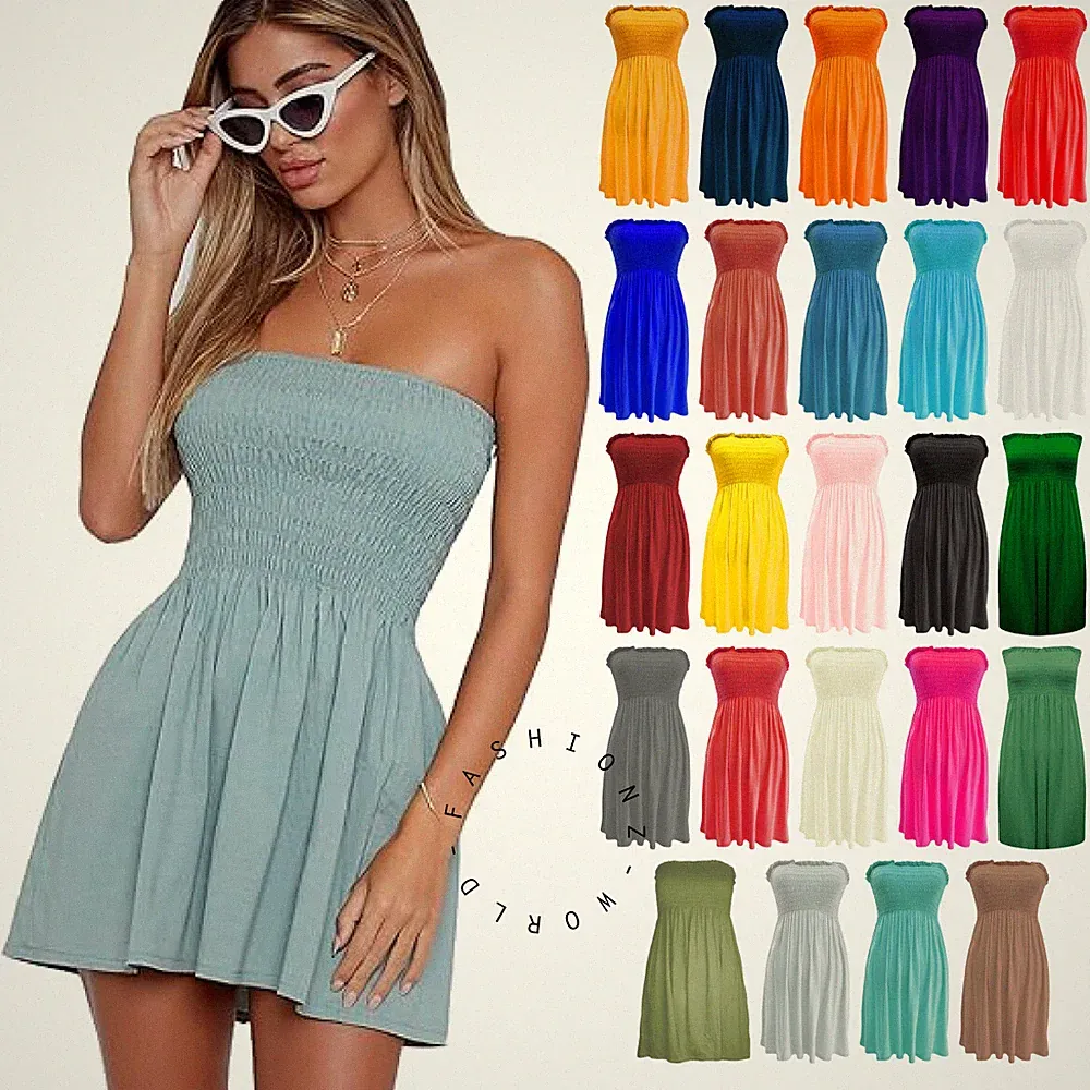 Damen-Sommerminikleid transparent Boob Röhre Raffung Bandeau Rüschen Oberteil UK