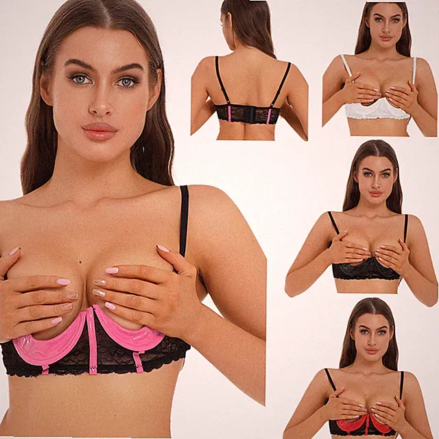 Damen Spitze BH mit Bügel Offene Brust Hebe BH Kunstleder Bustier Push Up Bra