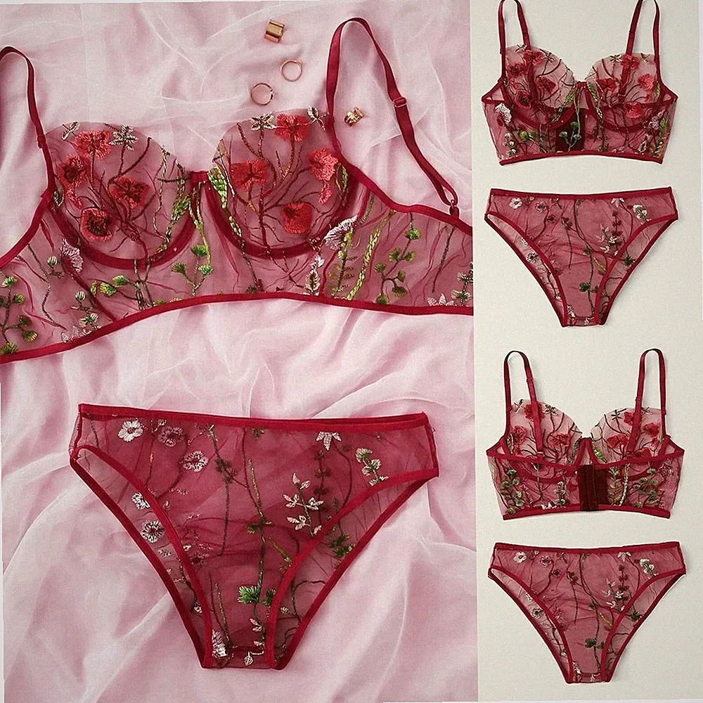 Damen Spitze Netz Blumen Stickerei BH Set Push Up BH Dessous Set Nachtwäsche