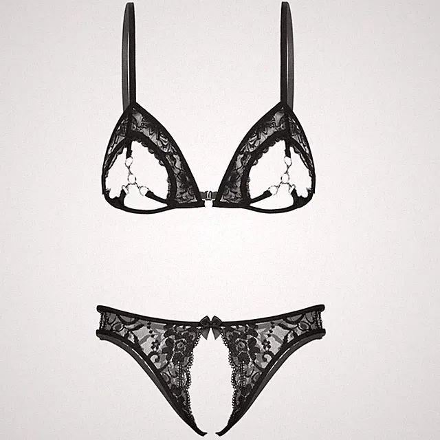Damen Spitze Offene Brüste BH Dessous Set Hohl BH mit Ouvertslip Unterwäsche