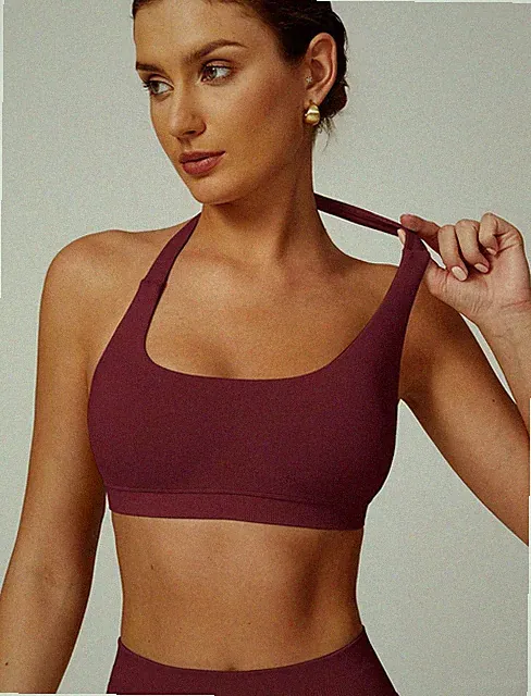 Damen Sport BH Push Up Rückenfrei Yoga Fitness Bügel-los Weinrot Größe S