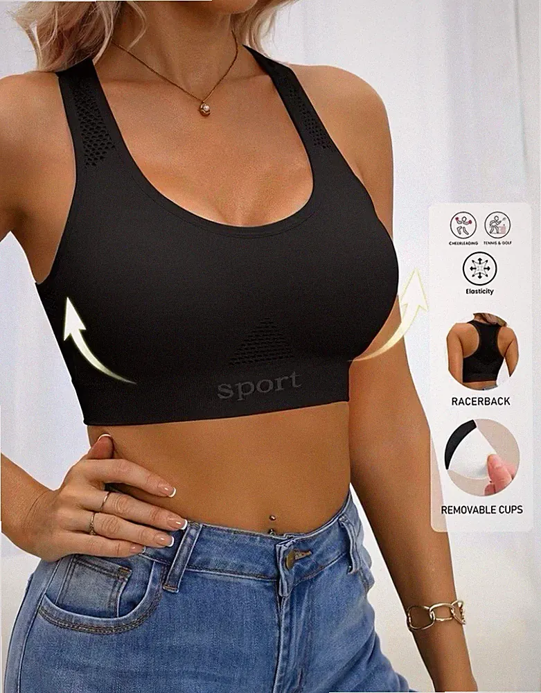 Damen Sport-BH Schwarz Racerback ohne Bügel dehnbar mit Pads Neu M
