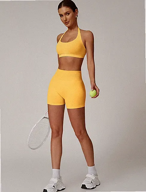 Damen Sport BH Shorts Set Yoga Workout Fitness Slim Gelb Größe S