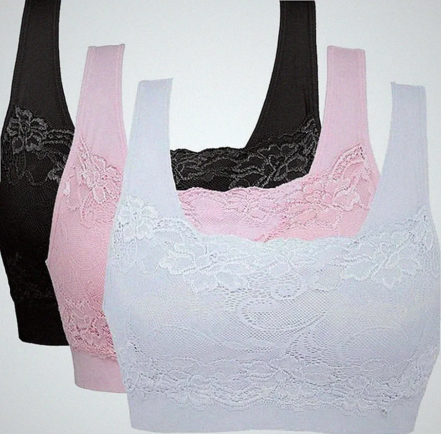 Damen Stretch Push-up Yoga Sport-BH ohne Bügel 3er Pack Schwarz/Rosa/Weiß