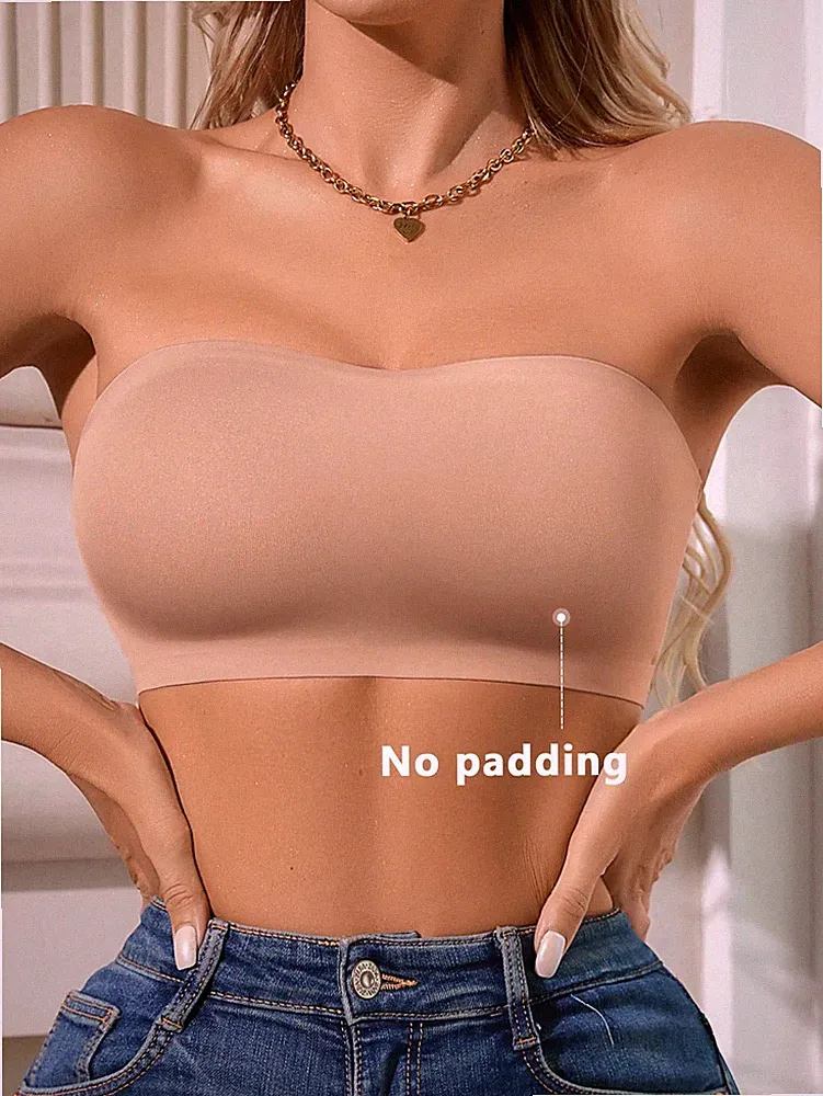 Damen Trägerloser Bandeau BH in Aprikosenfarben, Schwarz und Weiß Billig24