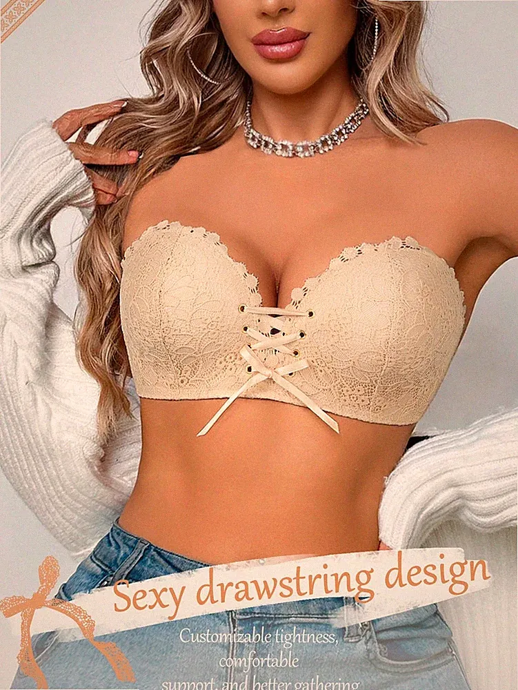 Damen Trägerloser Drahtloser BH in Beige mit Spitze Bequemer Push Billig24