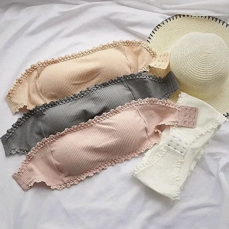 Damen Trägerloser Nahtloser BH Atmungsaktiv Spitze Rücken Unsichtbar Bandeau Crop Top