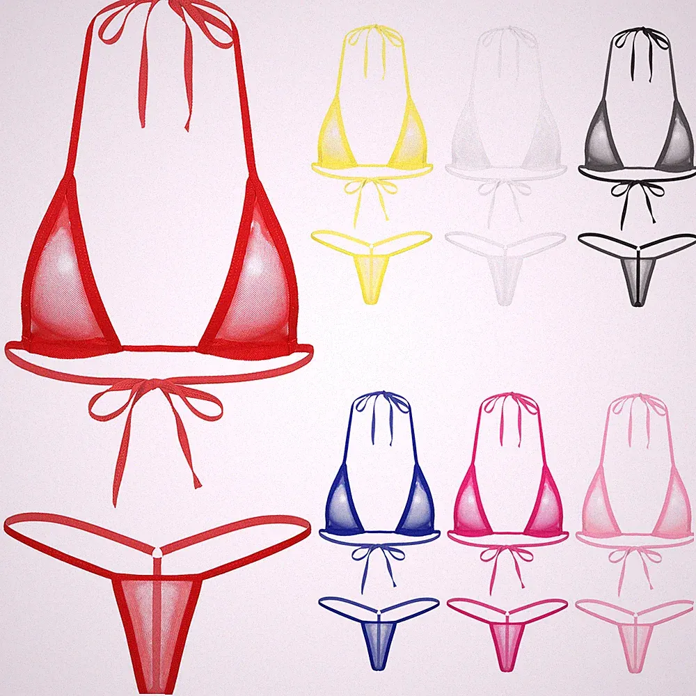 Damen Transparent Mesh Bikini Sets Neckholder Triangel BH mit G-string Bademode