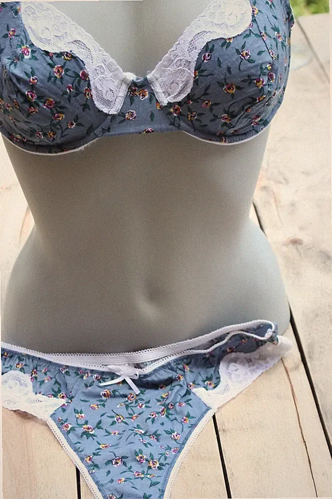 Damen Unterwäsche Set Bügel-BH+Tanga 80/42 blaugrau,geblümt -NEU