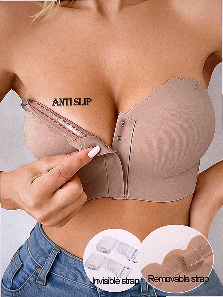 Damen Vorderverschluss Push Up Bandeau BH mit abnehmbaren Trägern Billig24