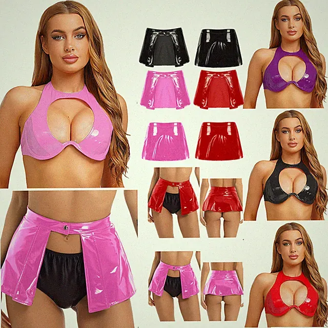 Damen Wetlook BH Lack Leder Bra Dessous Top /Lederrock Clubwear Nachtwäsche