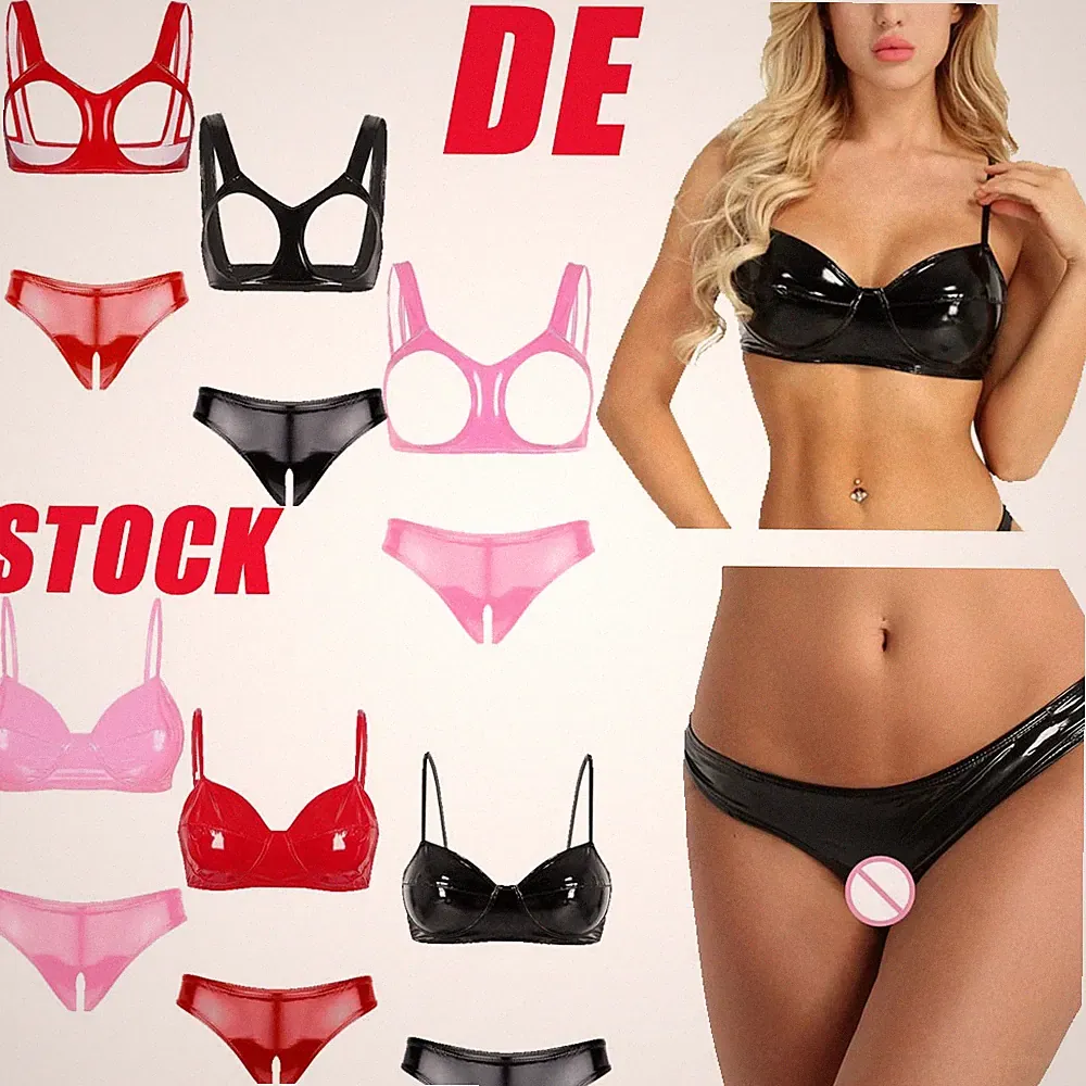 DE Damen Lack Leder Bh Set Bh Und String Spaghettiträger Push Up Bügel BH-Sets