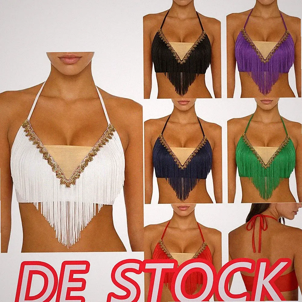 DE Damen Neckholder Sport BH Spitzen mit Fransen Push Up Bra Bauchtanz Kostüm