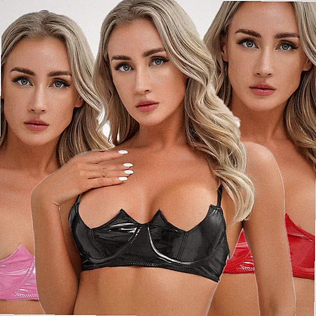 DE Damen Sexy Lackleder Push Up BH Nightclub Party Büstenhebe Bralette Dessous