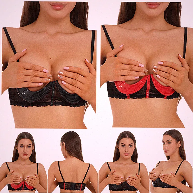 DE Damen Sexy Spitze Lackleder Push Up BH Bralette Bra Tops Reizwäsche Dessous