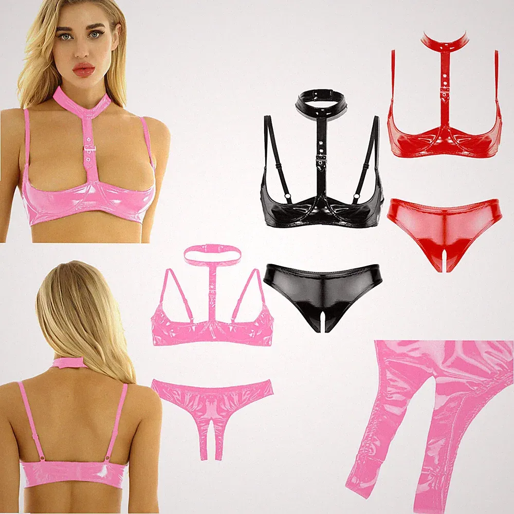 DE Damen Wetlook Dessous Set Kunstleder Balconette BH Bra Slip Set Reizwäsche