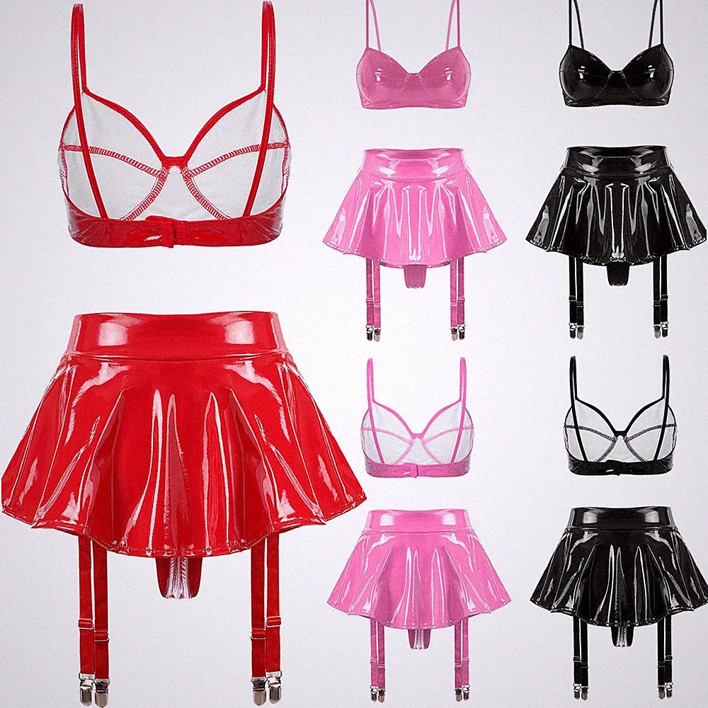 DE Damen Wetlook Dessous Set Leder Bügel BH Lack Skaterrock Mit Strumpfhalter