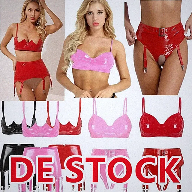 DE ranrann Damen Wetlook Dessous Set Sexy Lack Leder BH und Slip Metall Clips