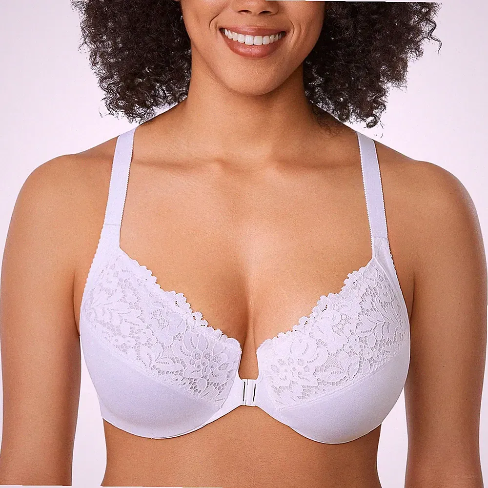 Delimira Damen BH mit Frontverschluss Racerback Spitze Übergröße ohne 40B, weiß