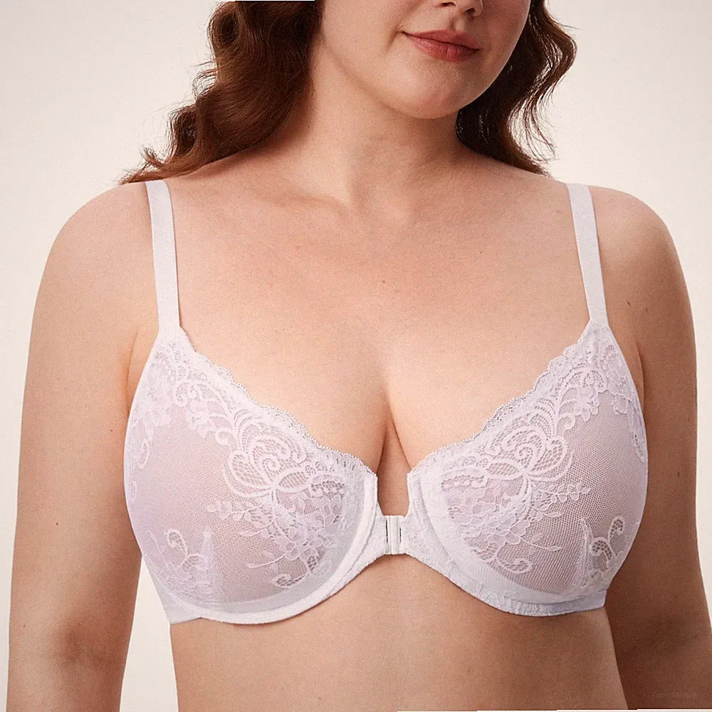 Delimira Damen BH mit Frontverschluss Spitze ungefüttert vollflächig Übergröße transparent