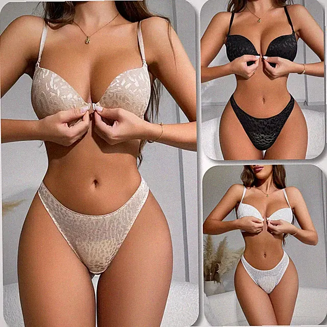Dessous BH Set mit Leopardenmuster Vorder und Rückenverschluss Damen Unterwäsche