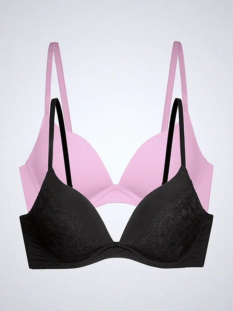 Dorina WILLA Push Up BH 2er Pack Black Pink – Plunge Damen BH mit Bügel Komfort