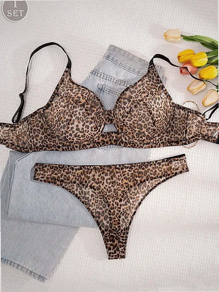 Einfarbiges Leopardenmuster Lingerie Set für Große Größen BH und Slip Billig24