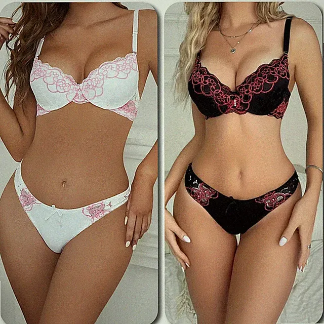 Elegantes Dessous Set BH und String Tanga mit floraler Spitze und Farbblock