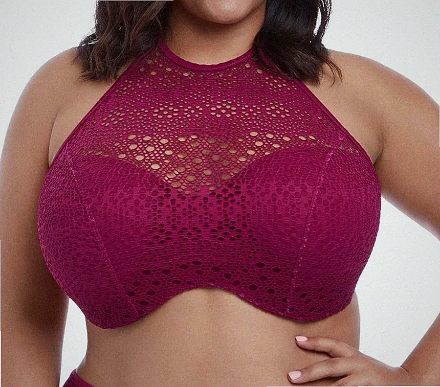 Elomi Indie Bikini Oberteil beere Gr.42DD hoher Neckholder gepolsterter BH Häkel 7537