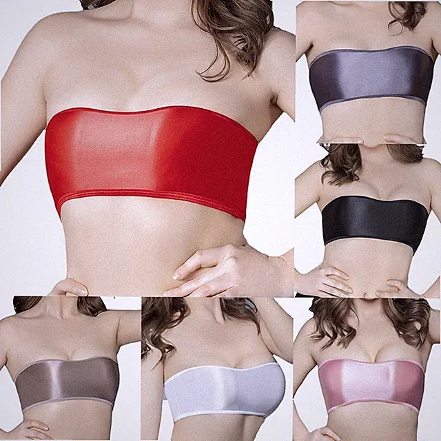 Enges elastisches trägerloses Crop BH Oberteil Damen ölig glänzend Unterkleid