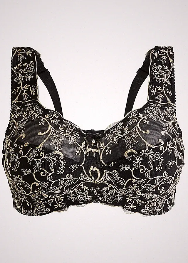 Entlastungs BH ohne Bügel Gr. 110 Cup E Schwarz Gold Damen-Bra Oberteil Neu*