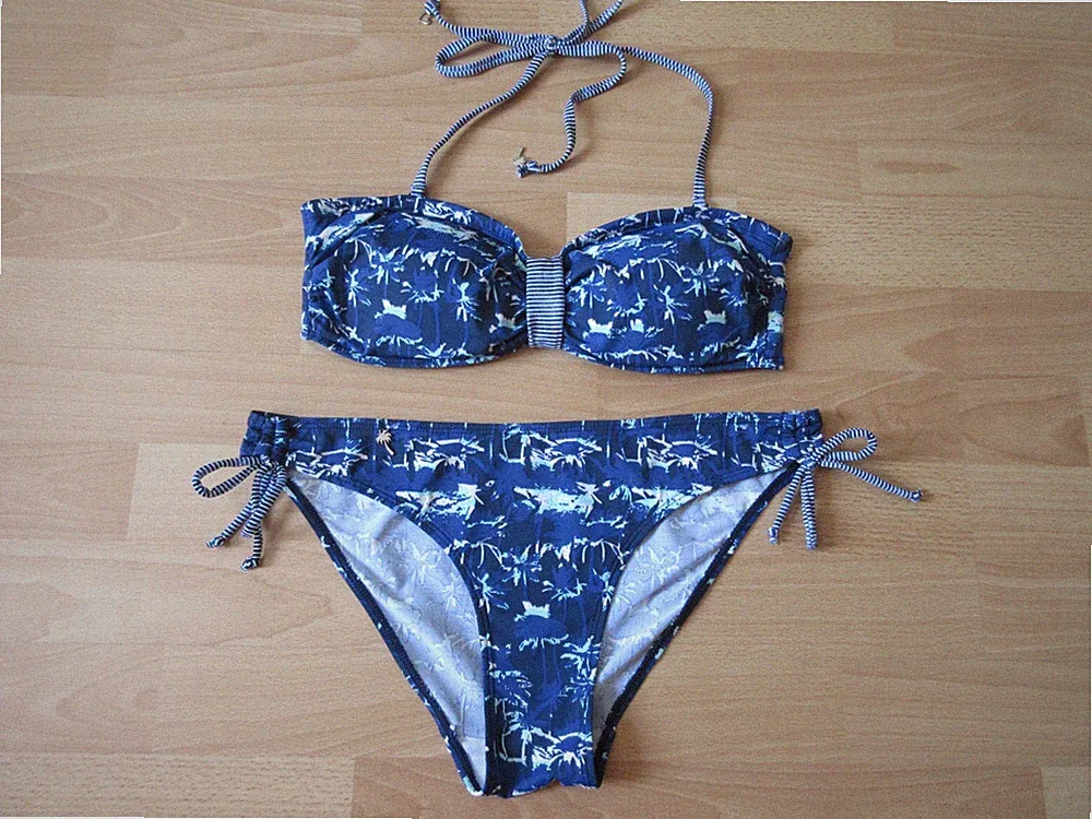 ESPRIT Bikini Gr. 40 NEU!! Bandeau-BH 70 B Palmen blau-weiß abnehmbare Träger
