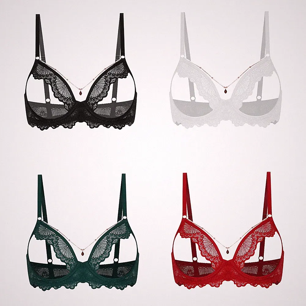 Frauen Blumen Spitze BH mit Kette Hohlraus Underwire Push-up Käfig Balconette BH