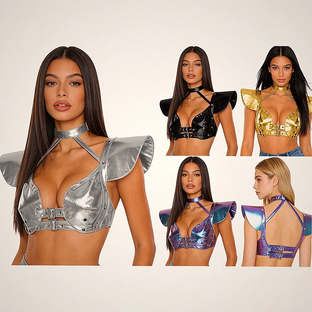 Frauen Bustier Leder Weste Reißverschluss Spitze Bügel-BH Party Rüstung Patent