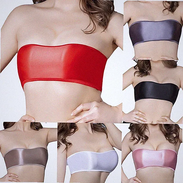 Glänzendes Schlauch Trägerloses Crop BH Top für Damen Stretchig Enge Unterwä
