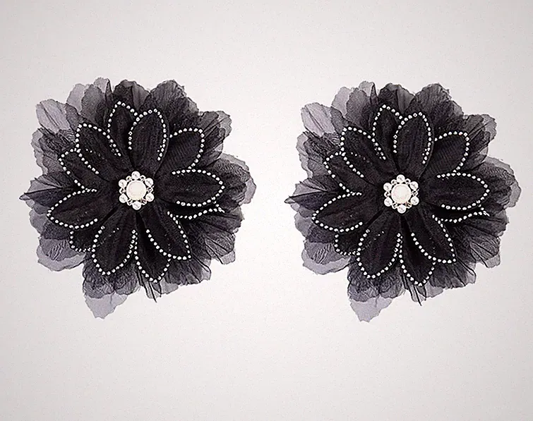 Große Brustwarzenabdeckung Nippies Burlesque schwarze Blumen Blütenblätter Tüll Strass Perlen