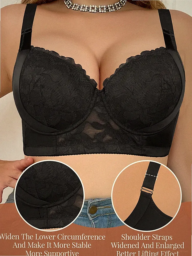 Große Größen Damen Schwarzer Spitzen Unterbügel Push Up BH Breite Billig24