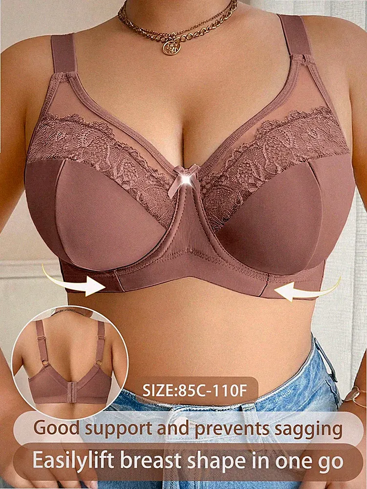 Große Größen einfarbiger Mesh & Spitzen Patchwork Unterbügel BH Billig24