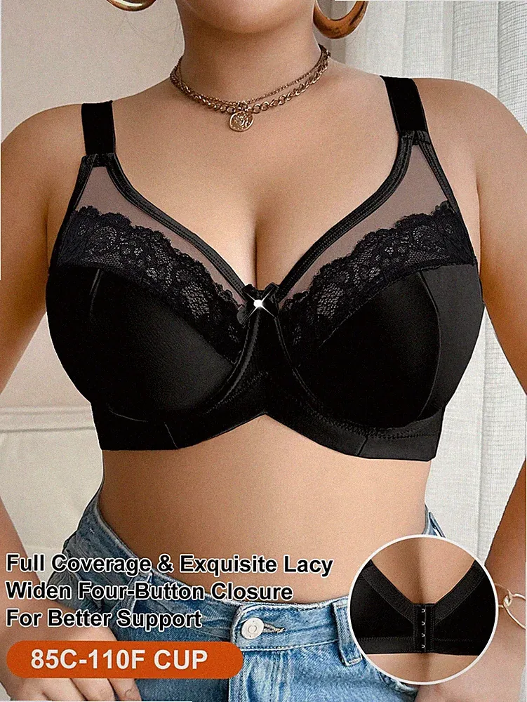 Große Größen einfarbiger Mesh & Spitzen Patchwork Unterbügel BH Billig24