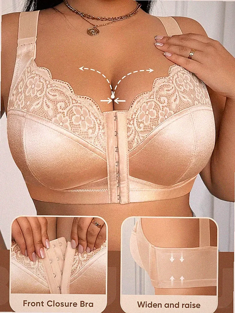 Große Größen Vorderverschluss Spitze Patchwork Drahtloser BH Sexy Billig24