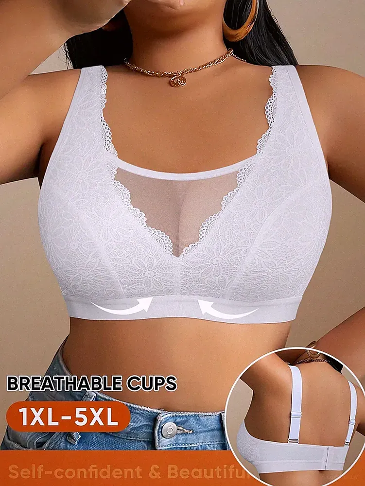 Große Größen Weiß Drahtloser BH Halbtransparente Spitze & Breite Träger Billig24